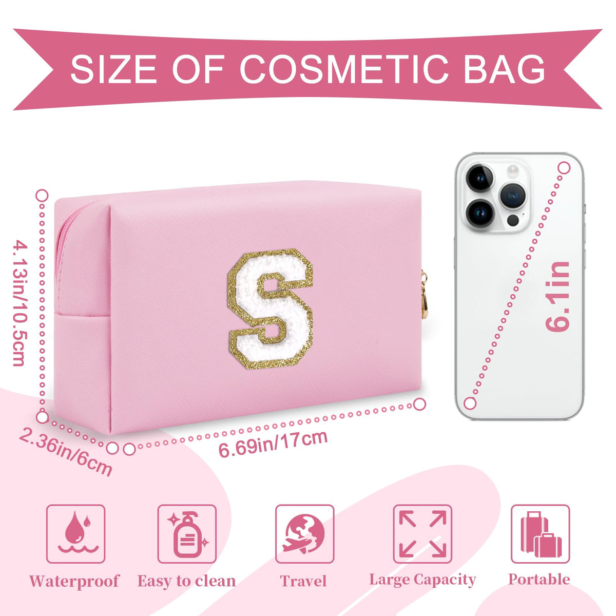 ChaoGreat Initial Makeup Bag side view showing zipper detail