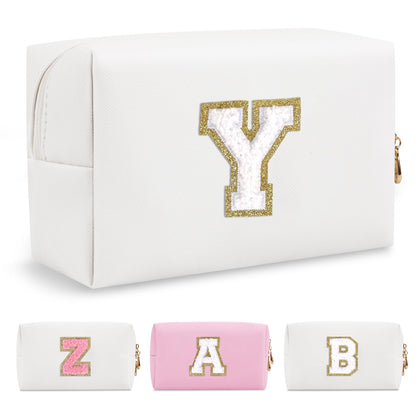 ChaoGreat Initial Y Preppy Patch Makeup Bag front view with golden chenille patch