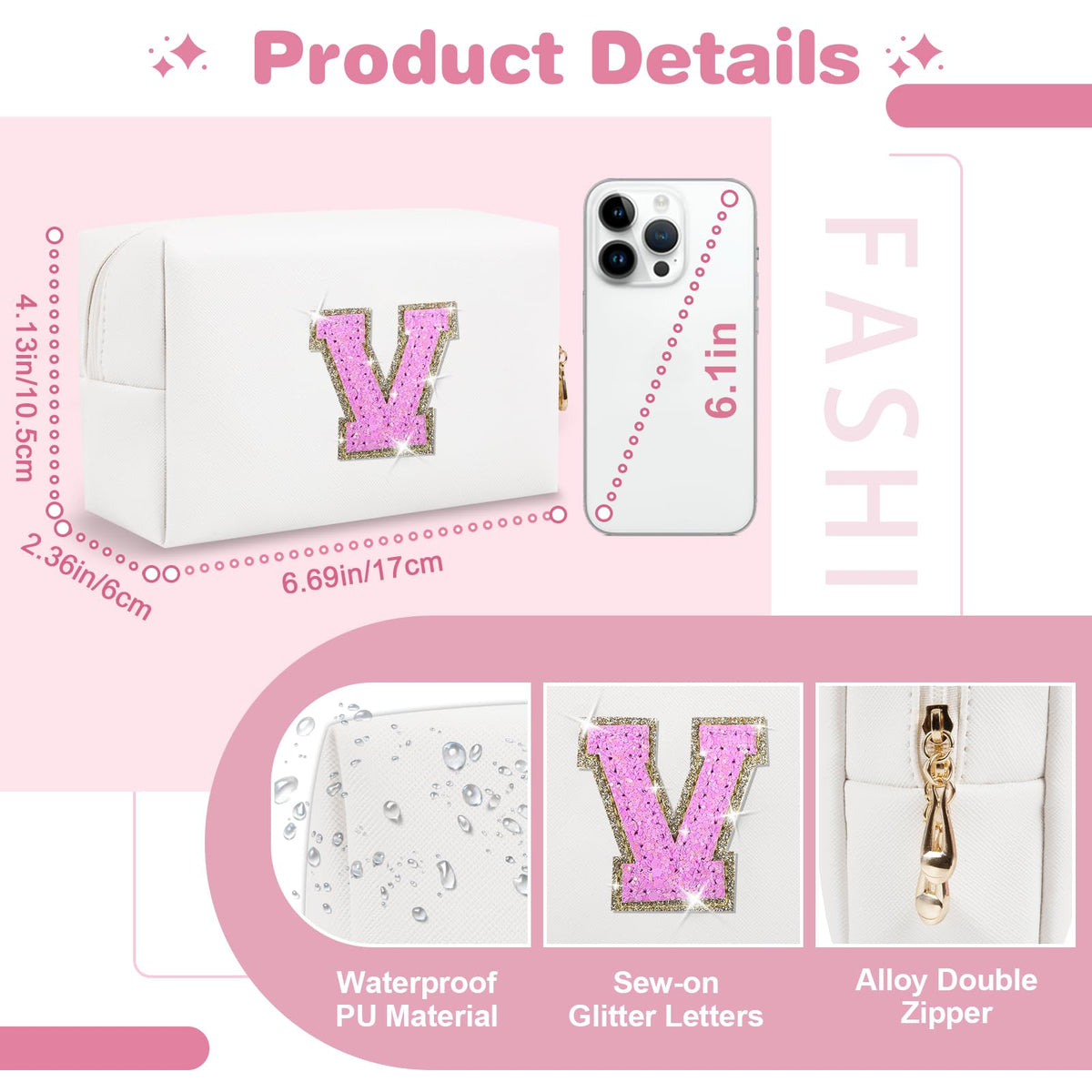 ChaoGreat makeup bag showcasing A-Z letter patch and sequins