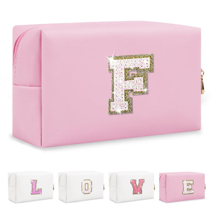 ChaoGreat personalised initial A-Z patch makeup bag front view in pink glitter