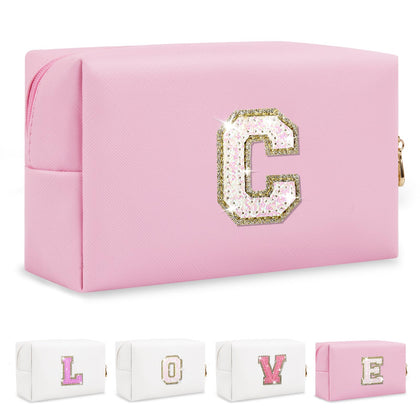 ChaoGreat Personalised Initial A-Z Patch Makeup Bag in pink with glitter