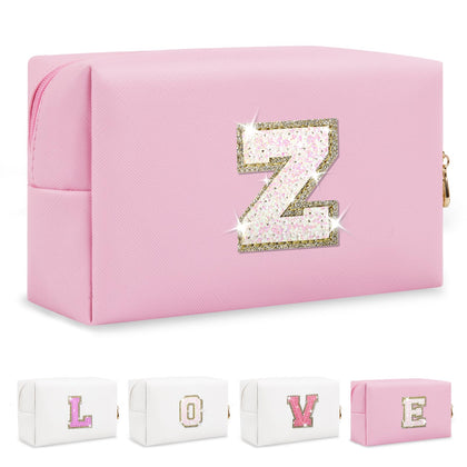 ChaoGreat Personalised Initial A-Z Patch Makeup Bag in pink with glitter