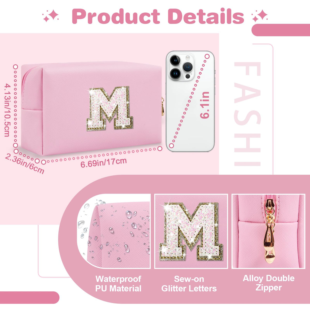ChaoGreat Personalised Initial A-Z Patch Makeup Bag side view showing zipper