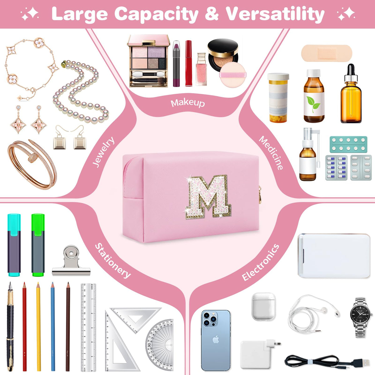 ChaoGreat Personalised Initial A-Z Patch Makeup Bag with cosmetics inside