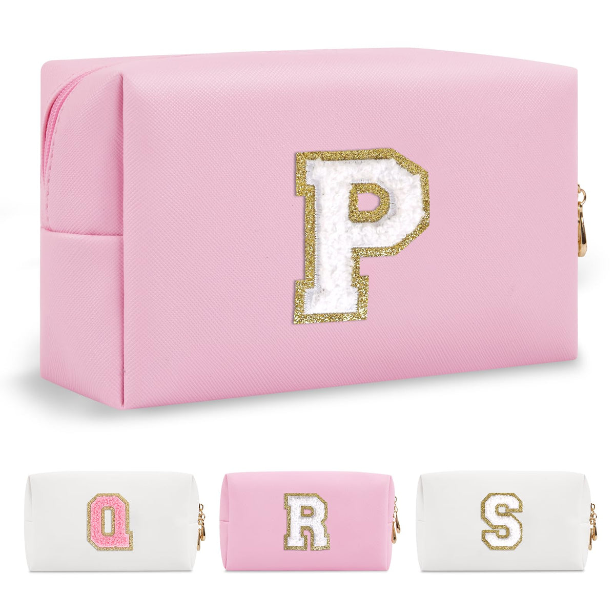 ChaoGreat Personalised Initial A-Z Preppy Patch Makeup Bag front view in pink