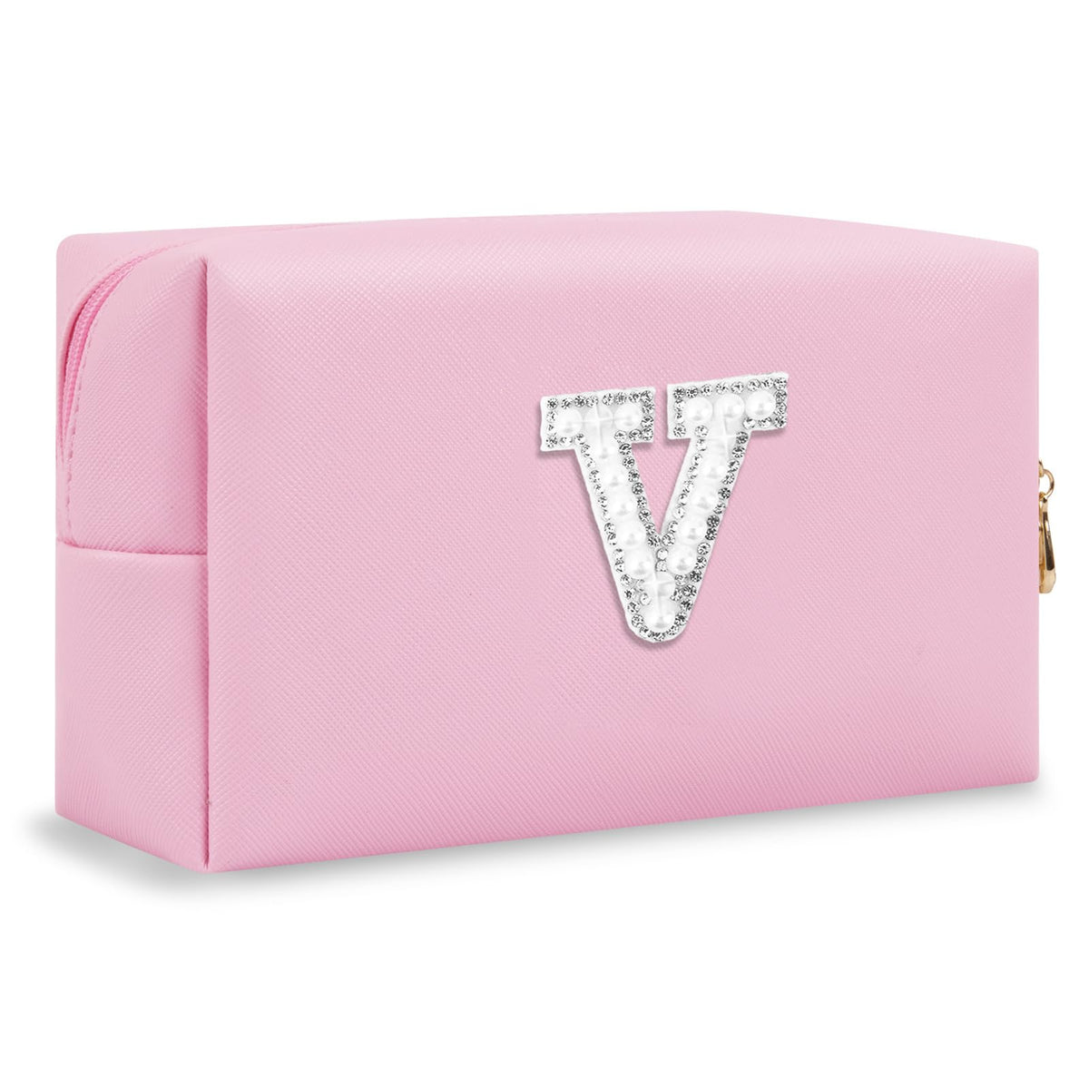 ChaoGreat Personalised Initial Makeup Bag front view with pearl rhinestone design
