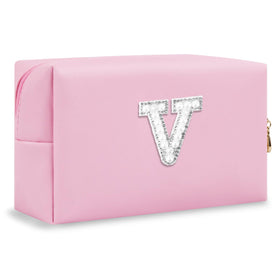 ChaoGreat Personalised Initial Makeup Bag front view with pearl rhinestone design