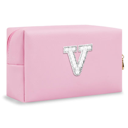 ChaoGreat Personalised Initial Makeup Bag front view with pearl rhinestone design