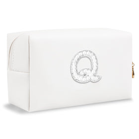 ChaoGreat personalised initial makeup bag front view with pearl rhinestone patch