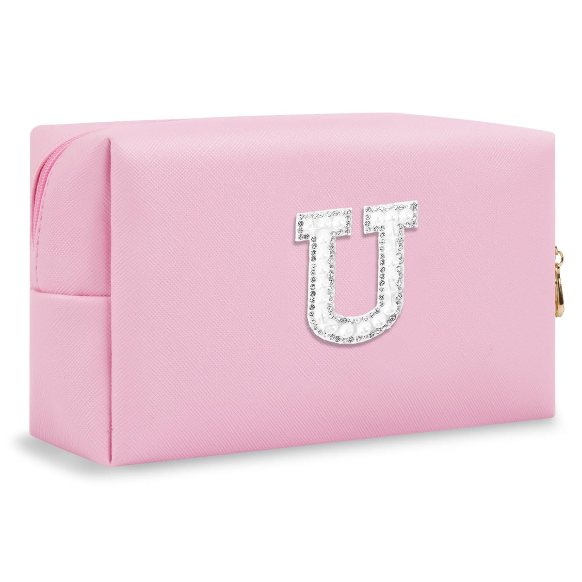 ChaoGreat Personalised Initial Makeup Bag front view with pearl rhinestone detail