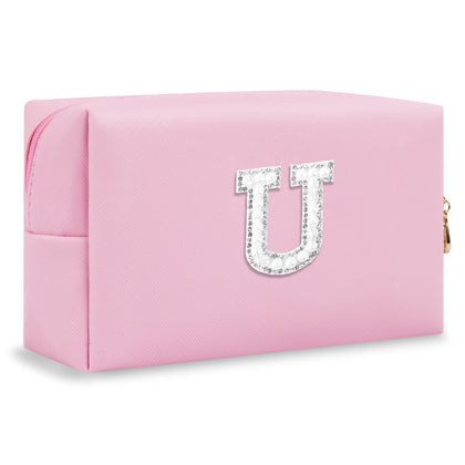 ChaoGreat Personalised Initial Makeup Bag front view with pearl rhinestone detail