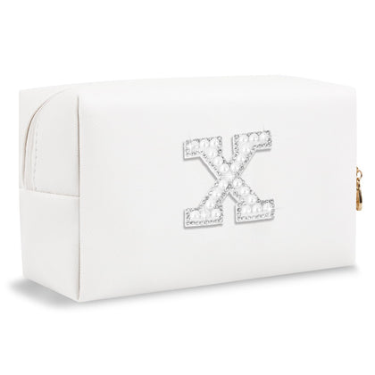ChaoGreat personalised initial makeup bag front view with pearl rhinestone patch