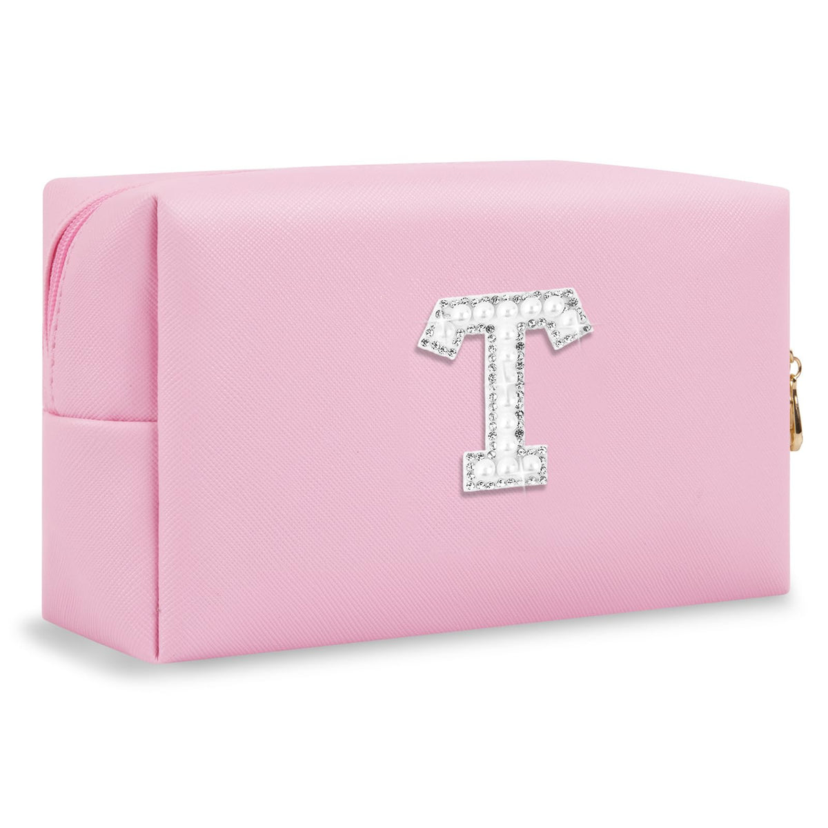 ChaoGreat Personalised Initial Makeup Bag front view with pink rhinestone