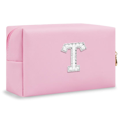 ChaoGreat Personalised Initial Makeup Bag front view with pink rhinestone