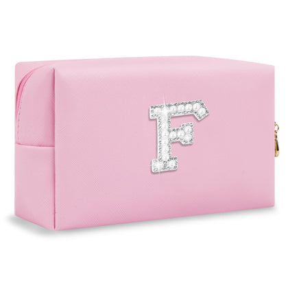ChaoGreat personalised initial makeup bag front view with rhinestone patch