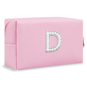 ChaoGreat personalised initial makeup bag in preppy pink with rhinestone patch