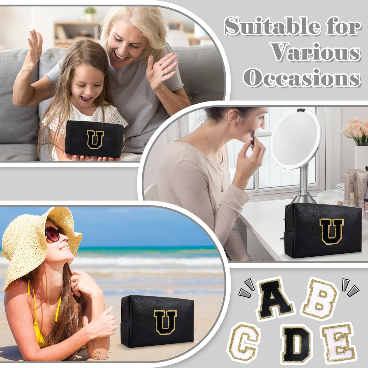ChaoGreat Personalised Initial Makeup Bag U folded into a suitcase