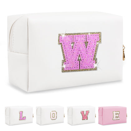 ChaoGreat personalised initial patch makeup bag front view with glitter