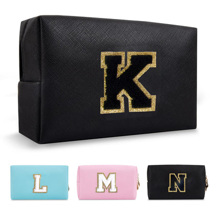 ChaoGreat Personalized Initial A-Z Makeup Bag front view with glittering patch
