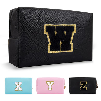 ChaoGreat Personalized Initial A-Z Makeup Bag in black with glittering chenille patch