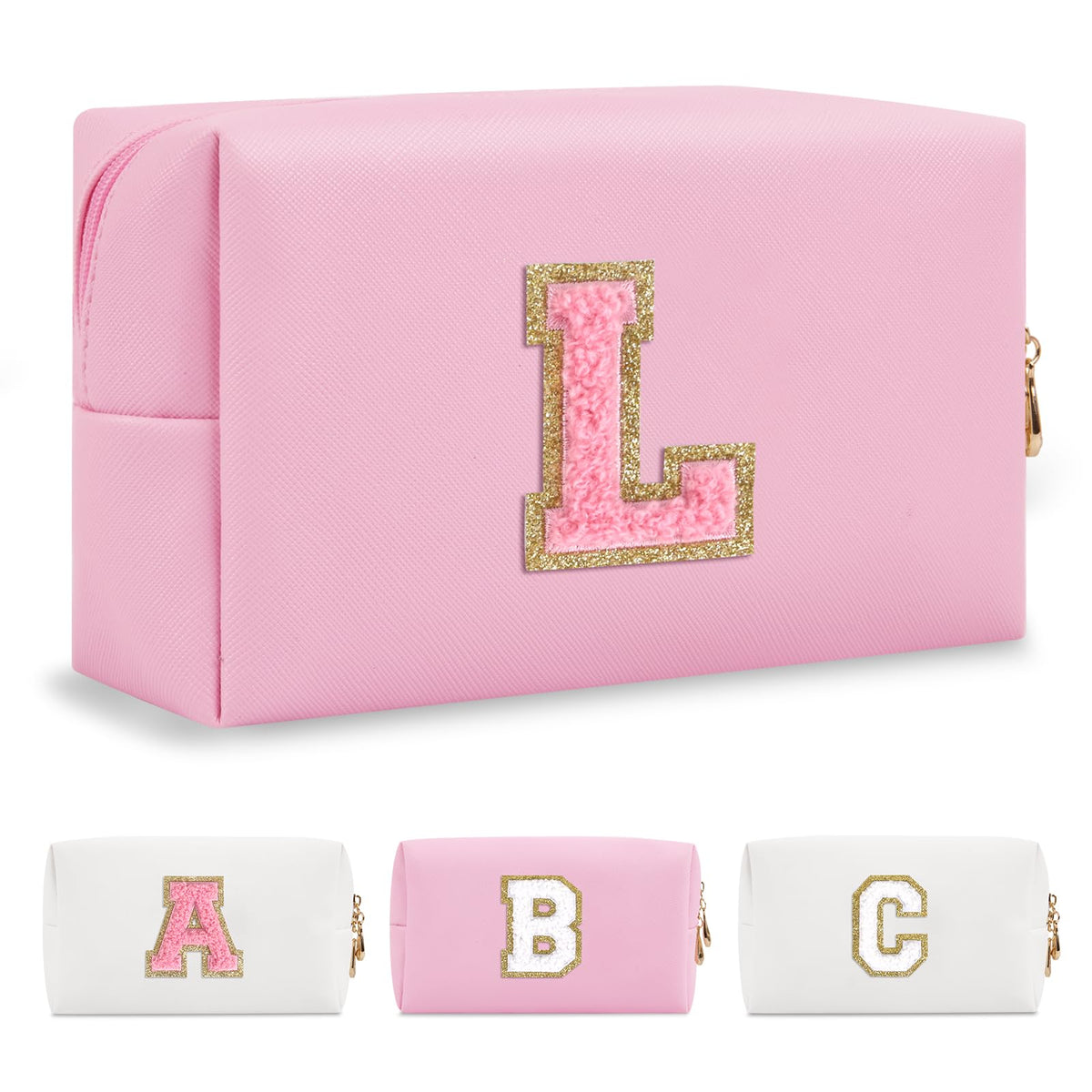 ChaoGreat Personalized Initial A-Z Makeup Bag in pink with glittering chenille patch