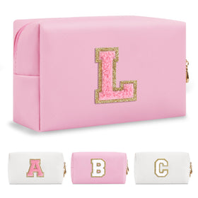 ChaoGreat Personalized Initial A-Z Makeup Bag in pink with glittering chenille patch