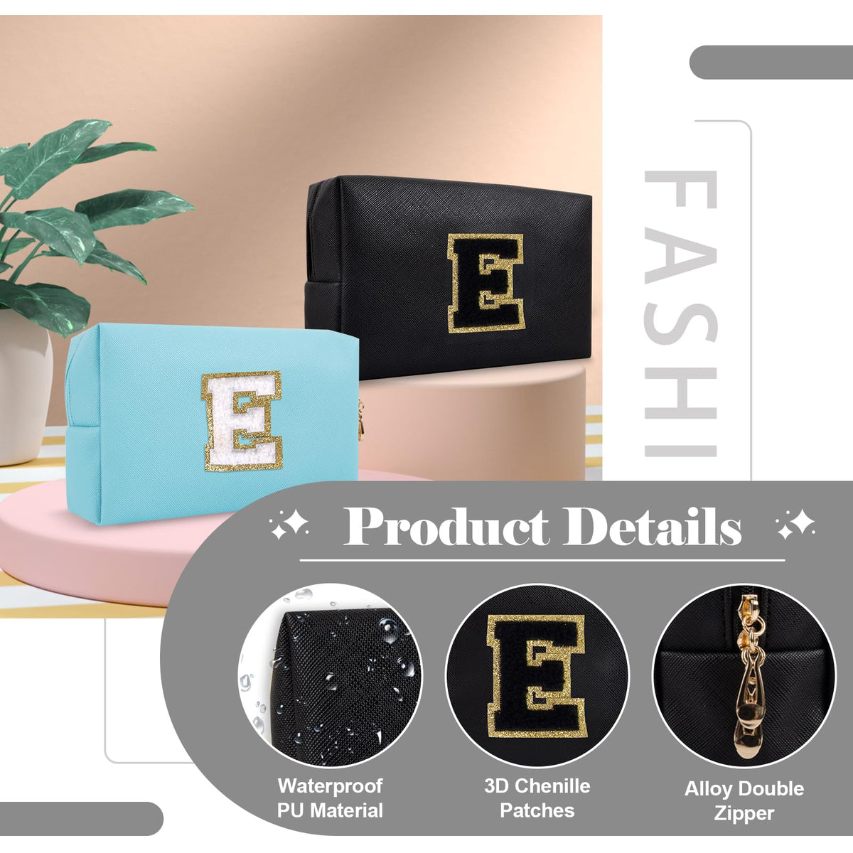 ChaoGreat Personalized Initial A-Z Makeup Bag side view with zipper