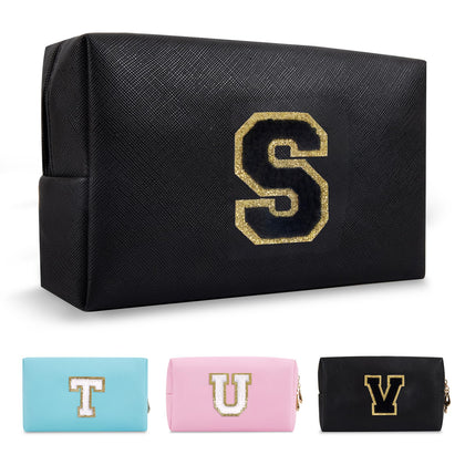 ChaoGreat Personalized Initial Makeup Bag front view with glitter patch
