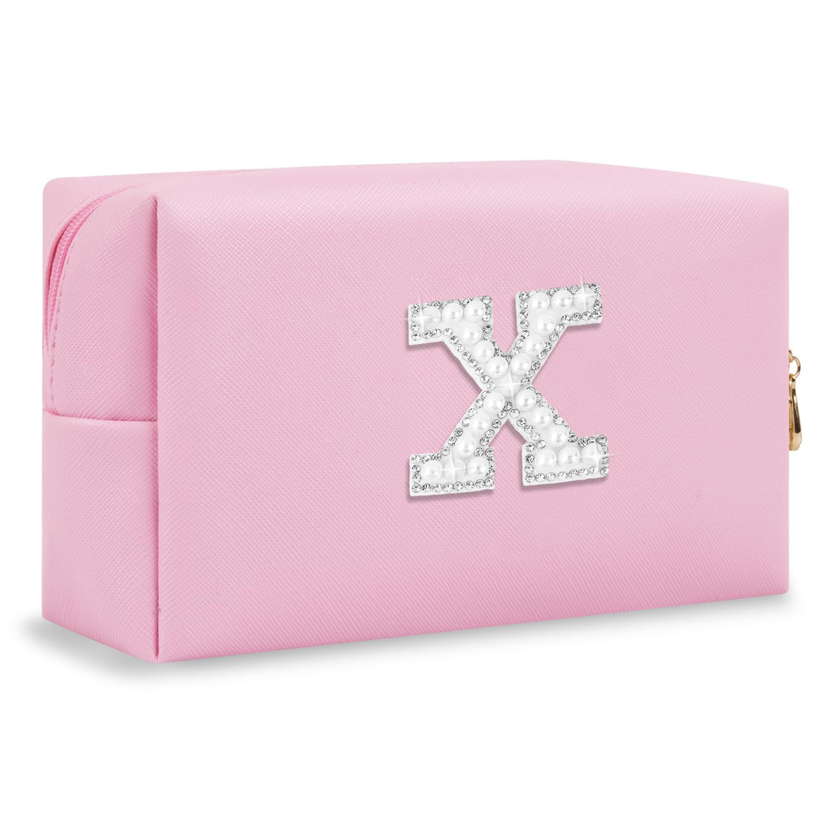 ChaoGreat Personalized Initial Makeup Bag front view with pearl and rhinestone design