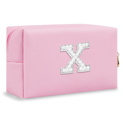 ChaoGreat Personalized Initial Makeup Bag front view with pearl and rhinestone design