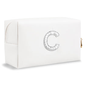 ChaoGreat Personalized Initial Makeup Bag front view with pearl rhinestones