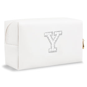 ChaoGreat personalized initial makeup bag front view with pearl rhinestone