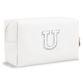 ChaoGreat Personalized Initial Makeup Bag front view with pearl rhinestone