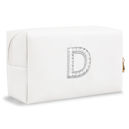 ChaoGreat Personalized Initial Makeup Bag front view with pearl rhinestone