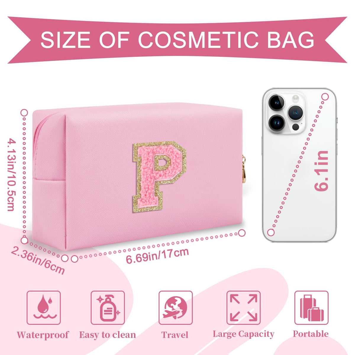 ChaoGreat Personalized Initial Makeup Bag showing golden glitter patch