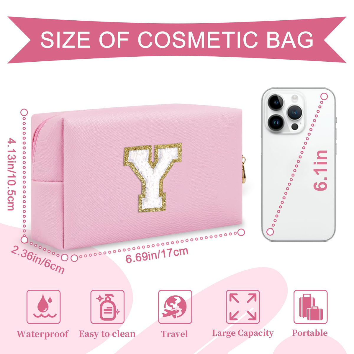 ChaoGreat Personalized Initial Makeup Bag showing golden glittering chenille patch