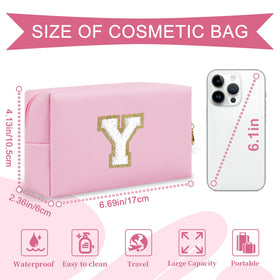 ChaoGreat Personalized Initial Makeup Bag showing golden glittering chenille patch