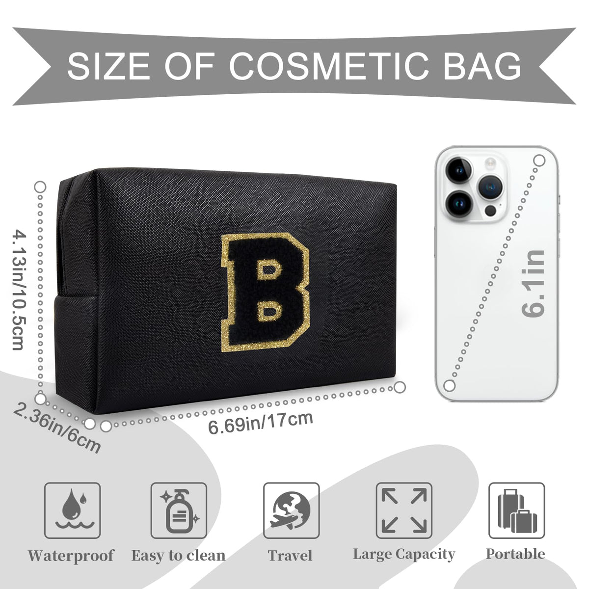 ChaoGreat Personalized Initial Makeup Bag side view showing zipper