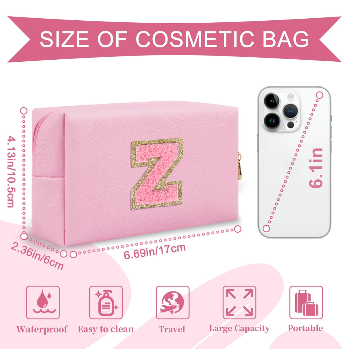 ChaoGreat Personalized Initial Makeup Bag Z showing golden chenille patch