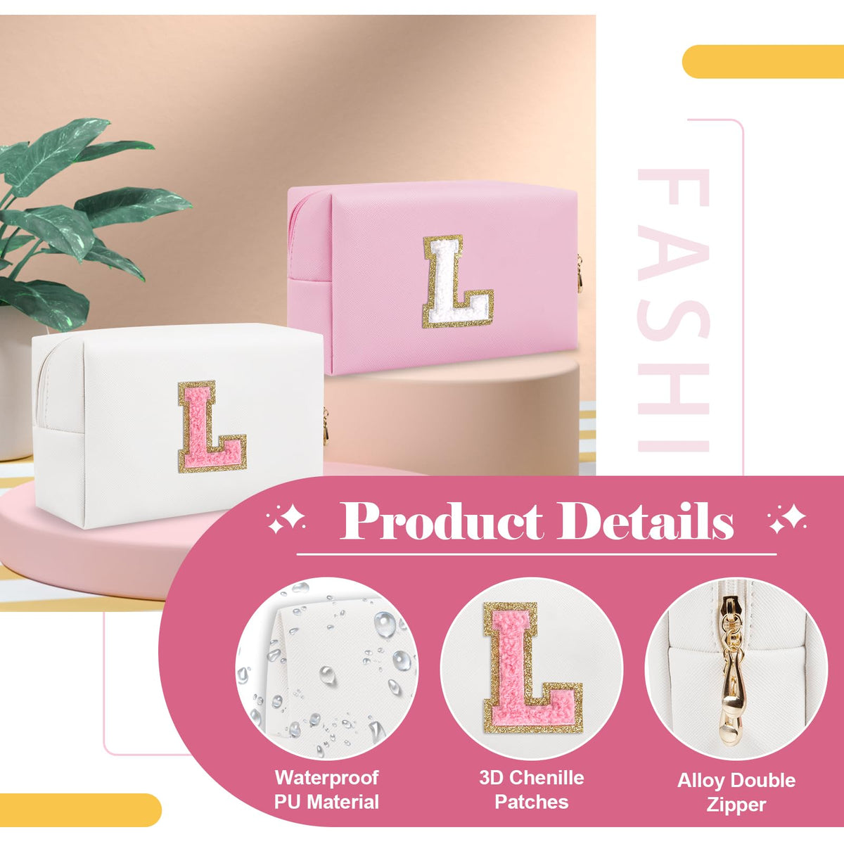 ChaoGreat Personalized Makeup Bag Initial L open view with cosmetics inside