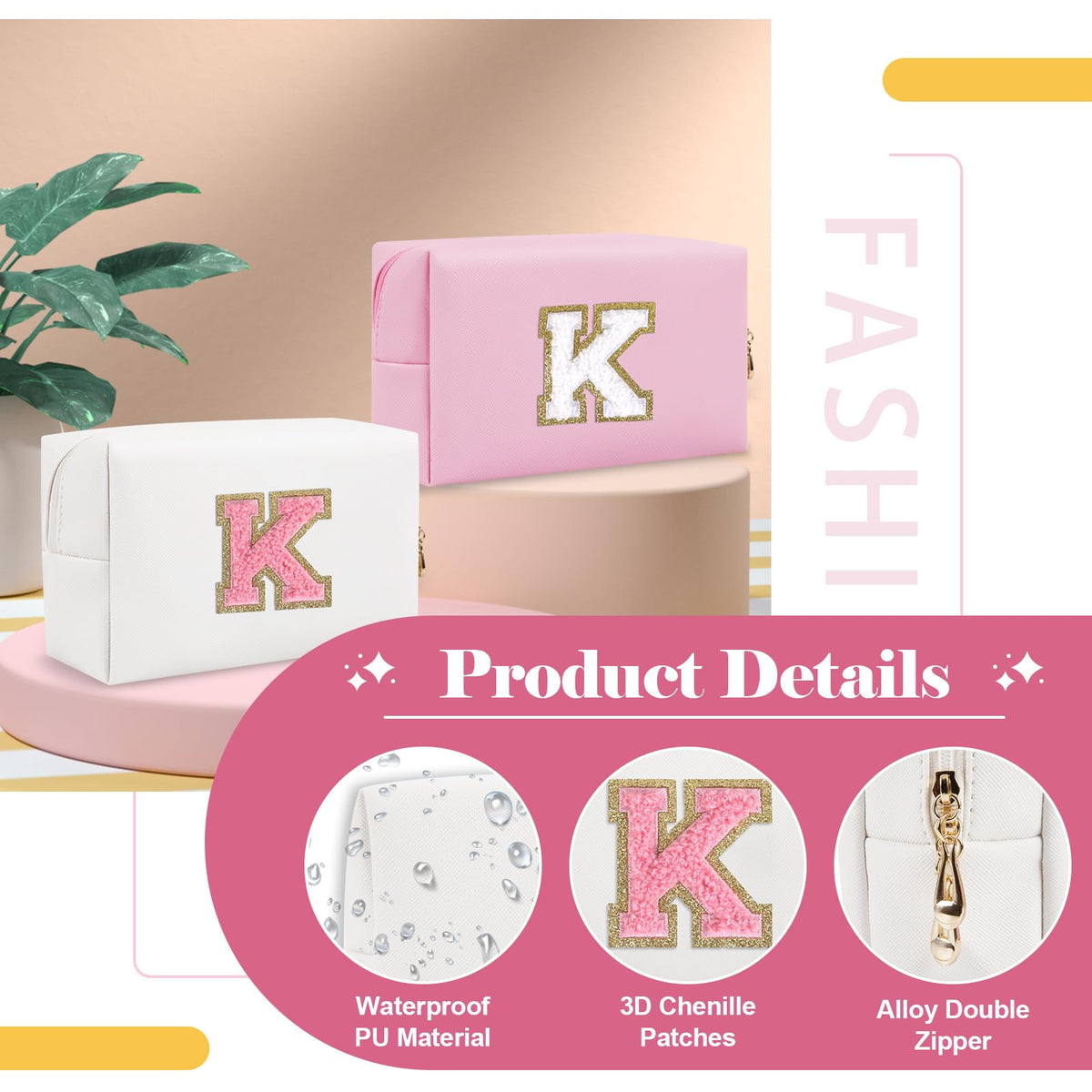 ChaoGreat Personalized Makeup Bag Letter K with zipper detail