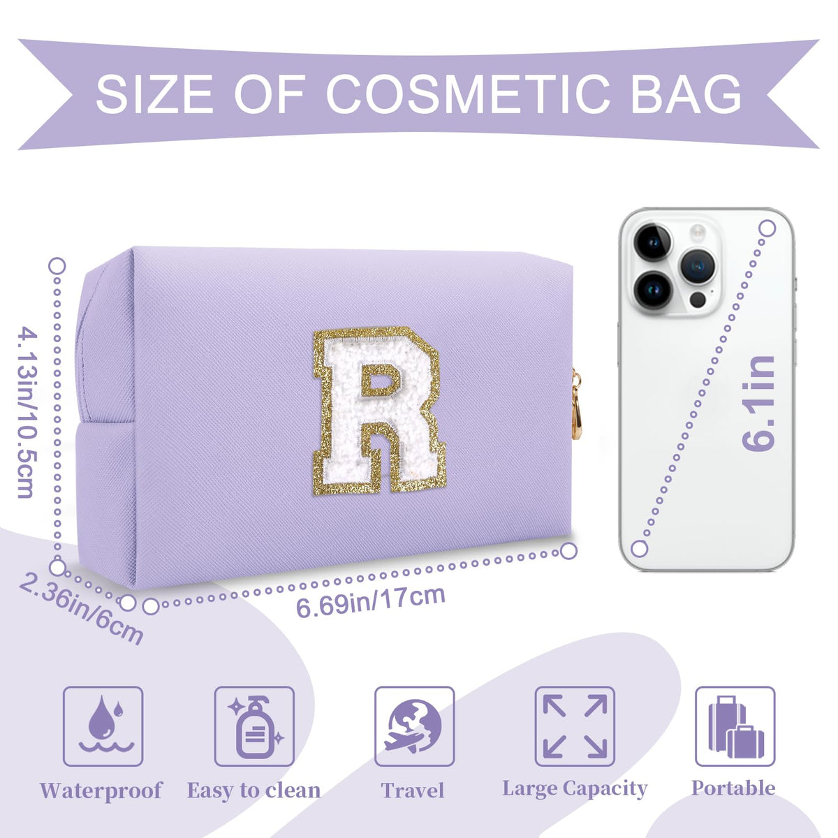 ChaoGreat Personalized Makeup Bag showing golden glittering chenille patch