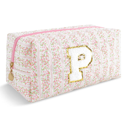 ChaoGreat Personalized Quilted Cosmetic Bag front view in pink floral design
