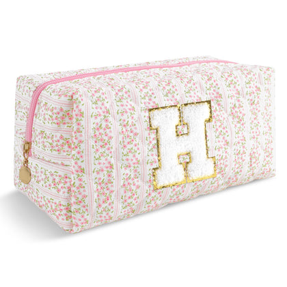 ChaoGreat personalized quilted cosmetic bag front view in pink floral design