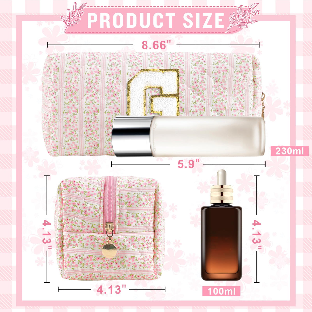 ChaoGreat Personalized Quilted Cosmetic Bag side view showing floral pattern