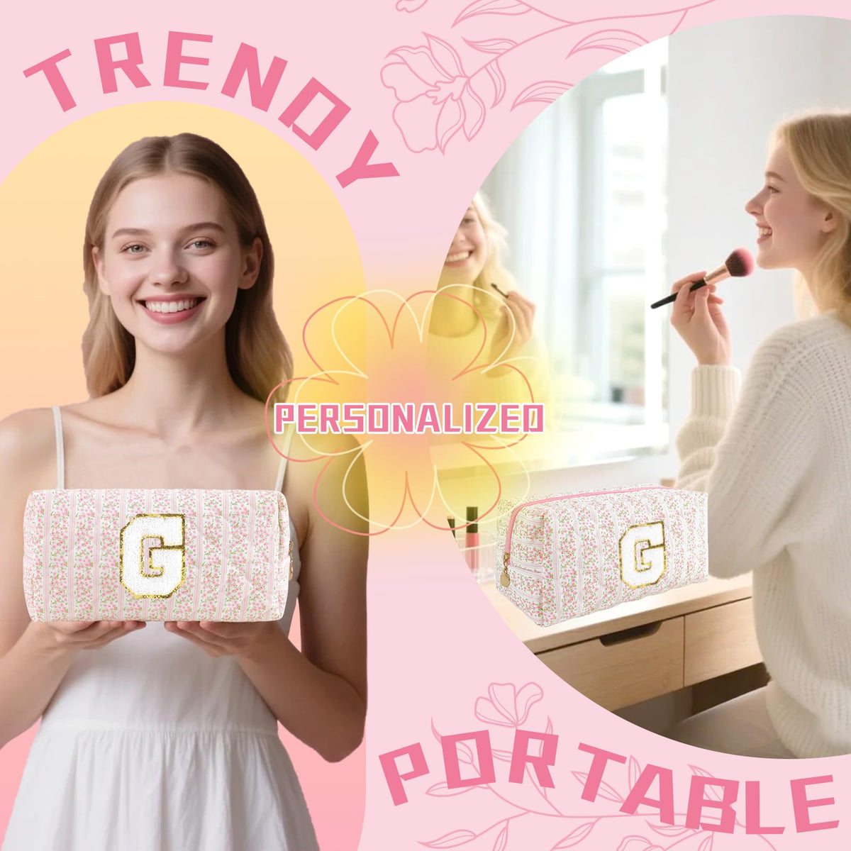 ChaoGreat Personalized Quilted Cosmetic Bag with initial patch detail