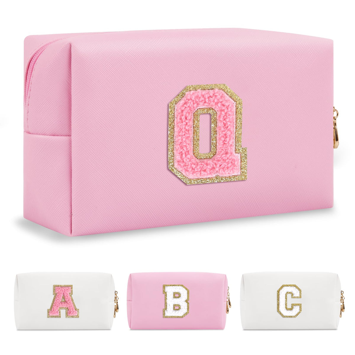 ChaoGreat pink chenille makeup bag front view with letter Q