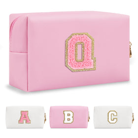ChaoGreat pink chenille makeup bag front view with letter Q