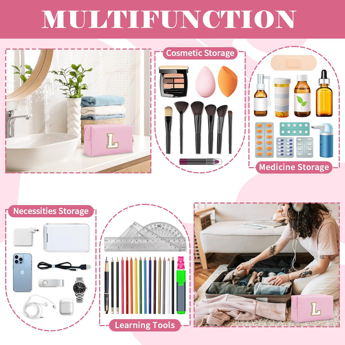 ChaoGreat pink cosmetic bag displayed with travel essentials