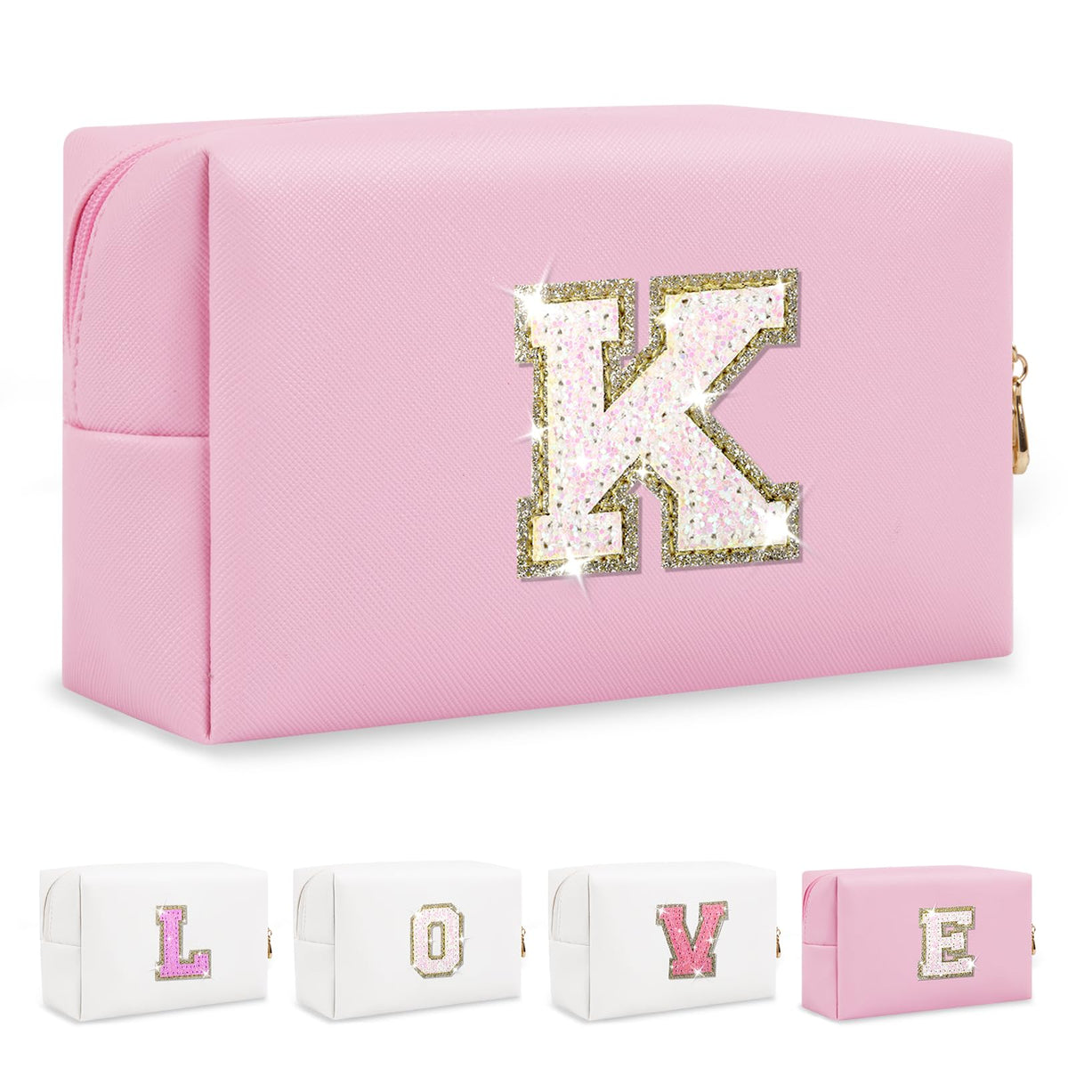 ChaoGreat Pink Glitter Initial A-Z Makeup Bag front view